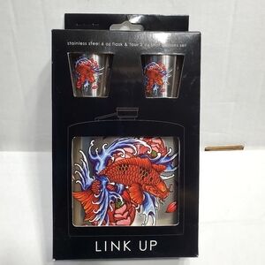 Link-Up 6 oz. Stainless Steel Flask Koi Design with 2 Shotglasses NIB